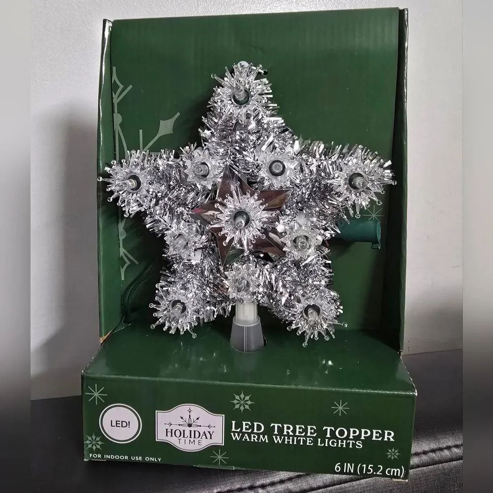Vintage Holiday Style 11 Light Star Tree Topper Silver Lighted New, 6"